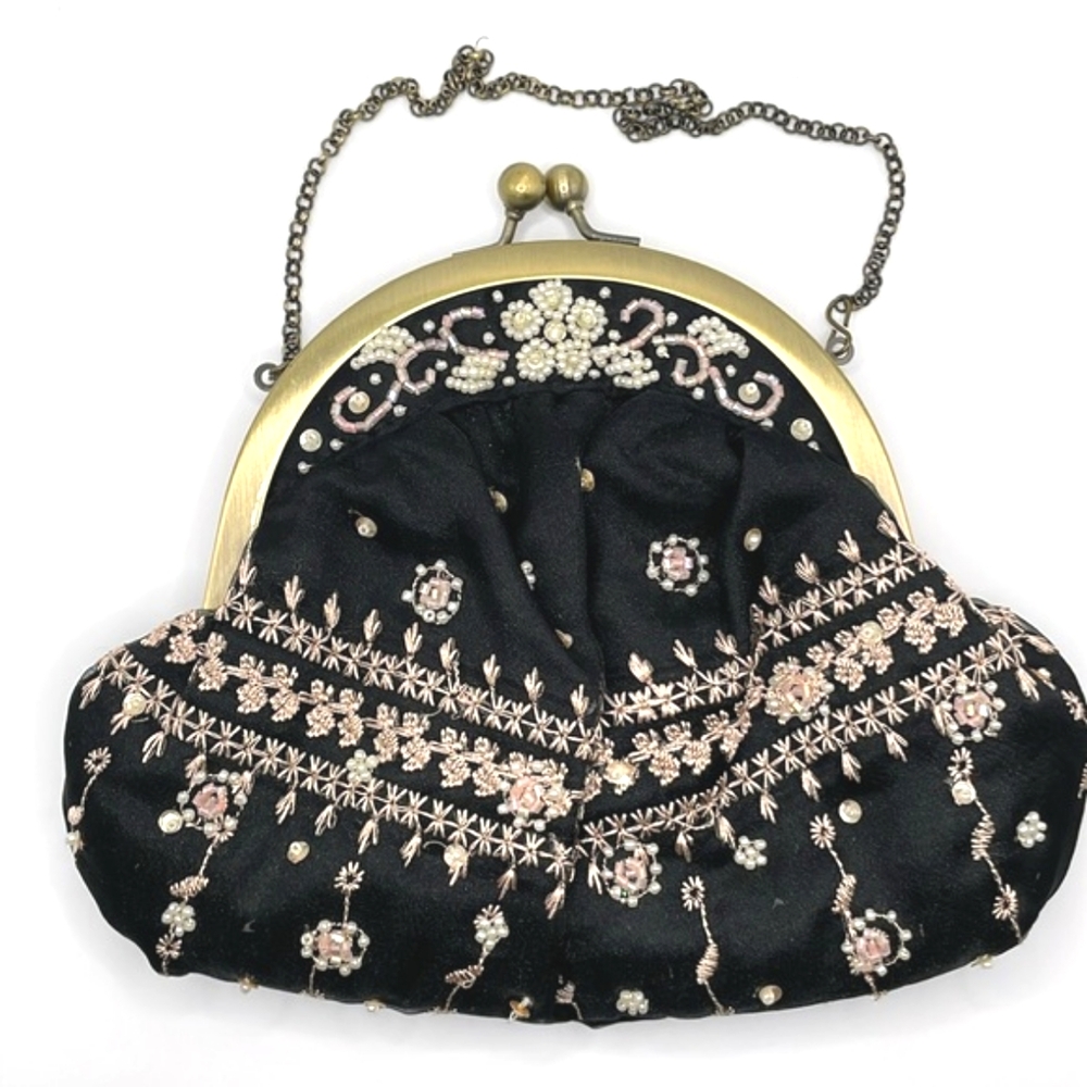 Valerie Stevens Beaded Embroidered Black Evening Bag Clutch with 2 Handles